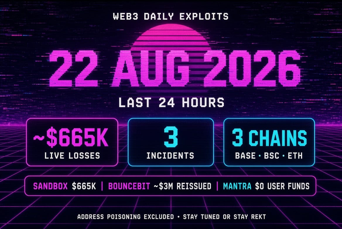 Web3 Daily Exploits β 22 Aug 2026: Sandbox LayerZero OFT Delegate Hijack, BounceBit, MANTRA