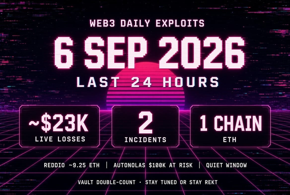 Web3 Daily Exploits — 06 Sep 2026: Reddio ~9.25 ETH Vault Double-Count + Autonolas Gov Attempt