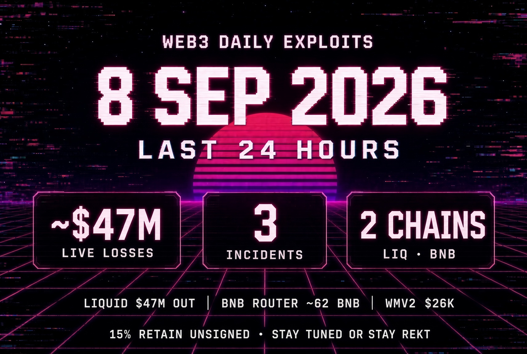 Web3 Daily Exploits β 08 Sep 2026: Liquid $47M Still Out + BNB Router Drains