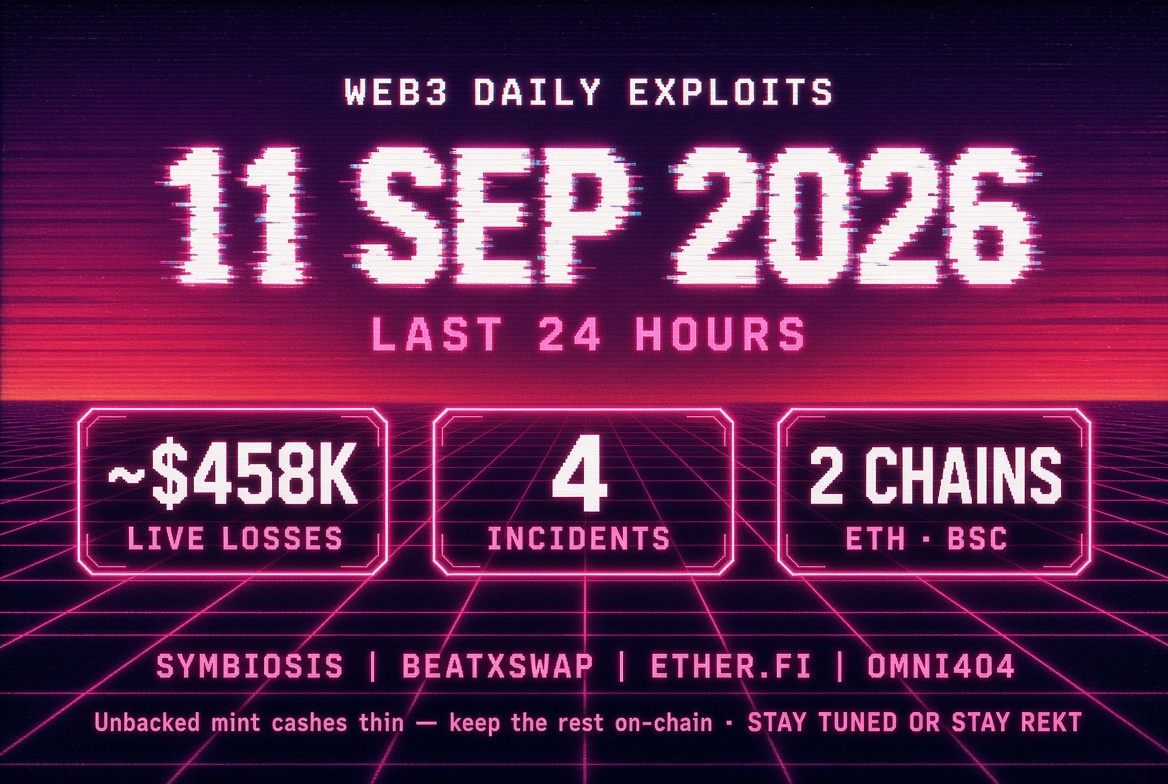 Web3 Daily Exploits β 11 Sep 2026: Symbiosis ~$336k WBTC Dump + Three Small Drains