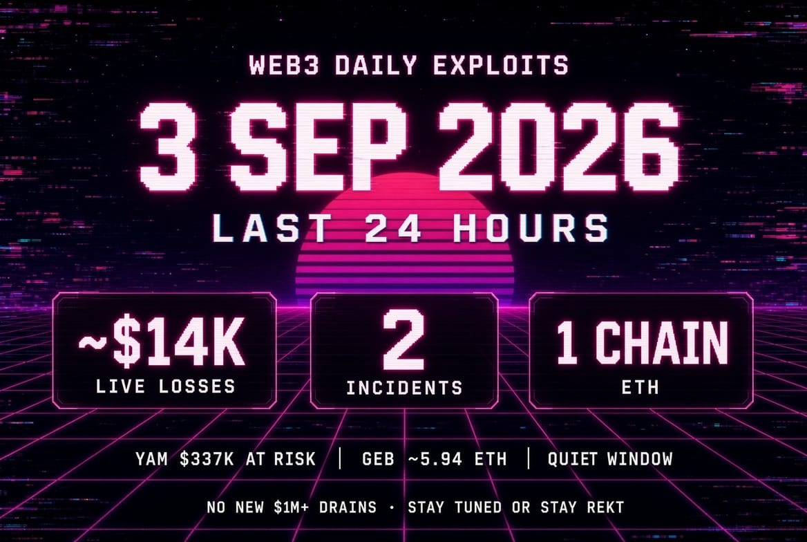 Web3 Daily Exploits — 03 Sep 2026: Quiet window with governance alert and small drain